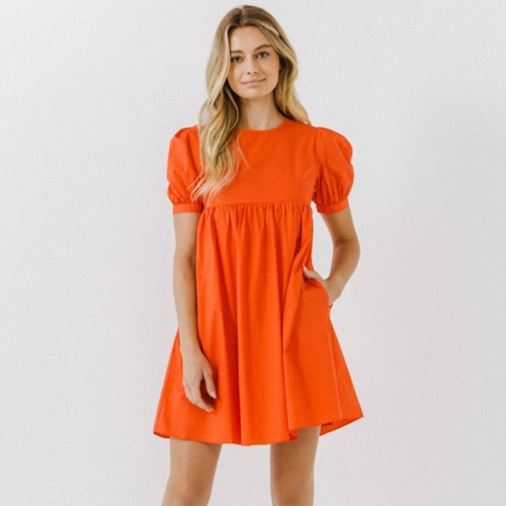 English Factory Women's Red Puff Short Sleeve Babydoll Dress